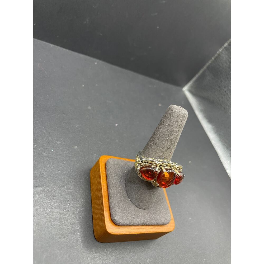 VTG STS 925 Sterling Silver Baltic Cognac Amber Filigree 3 Stone Ring Size 8.75 - Picture 3 of 7